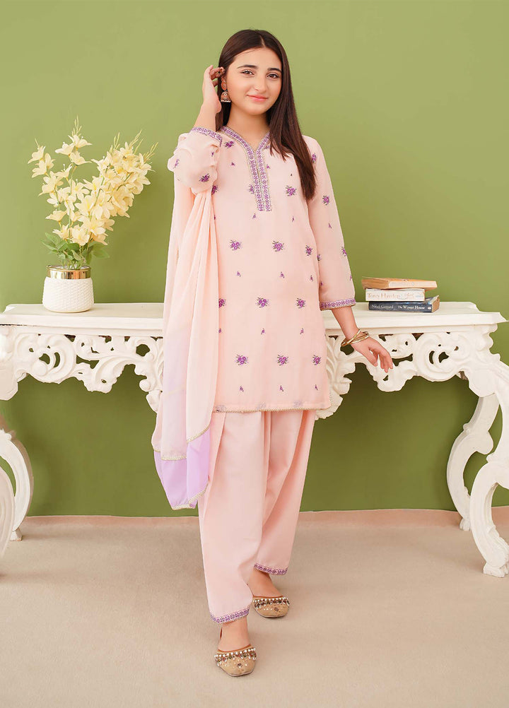 Modest Girls Pret Embroidered 3 Piece Chiffon Peach Suit D-15 - Festive Collection