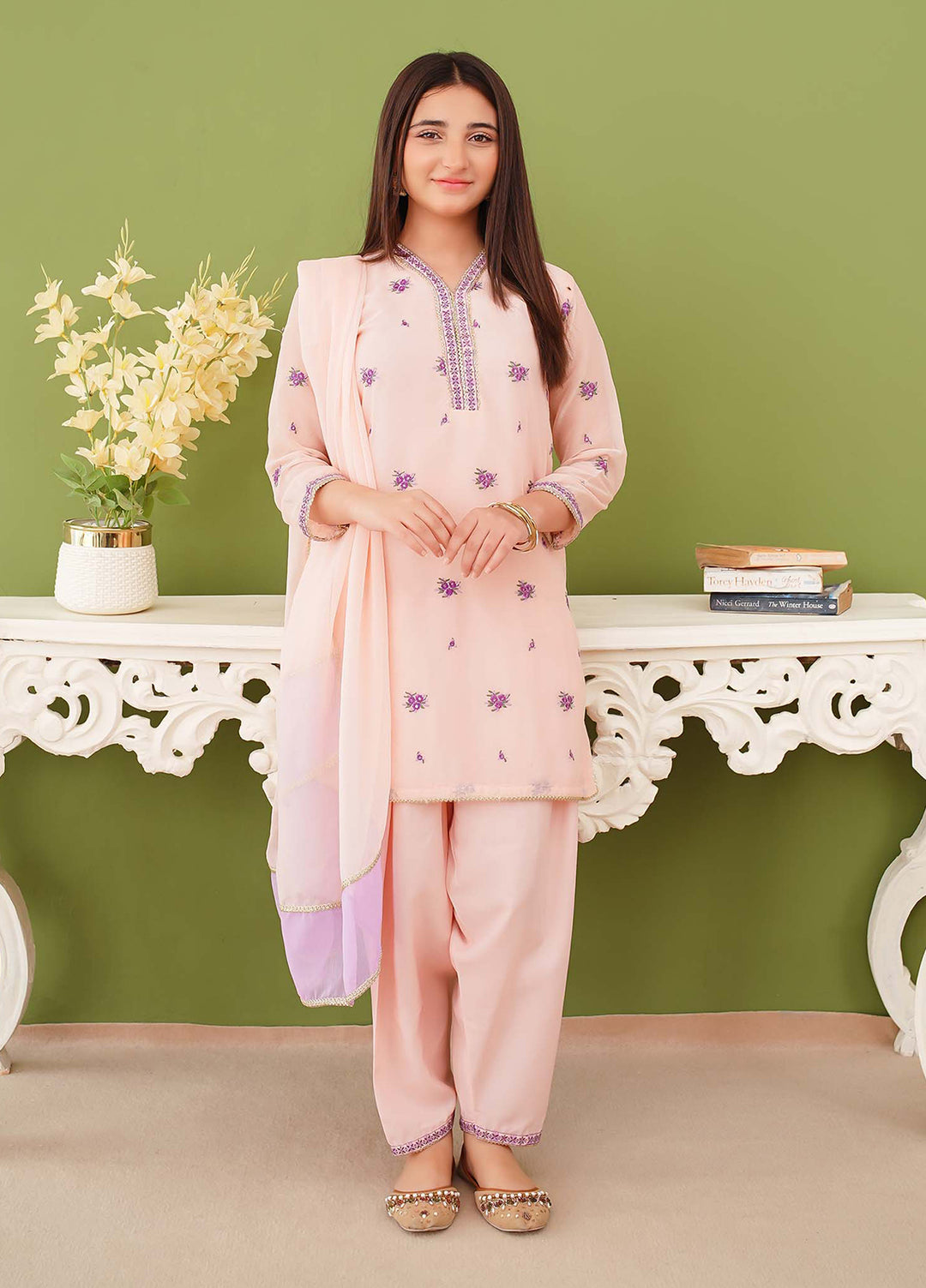 Modest Girls Pret Embroidered 3 Piece Chiffon Peach Suit D-15 - Festive Collection