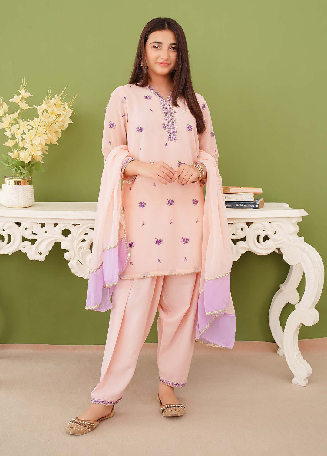 Modest Girls Pret Embroidered 3 Piece Chiffon Peach Suit D-15 - Festive Collection