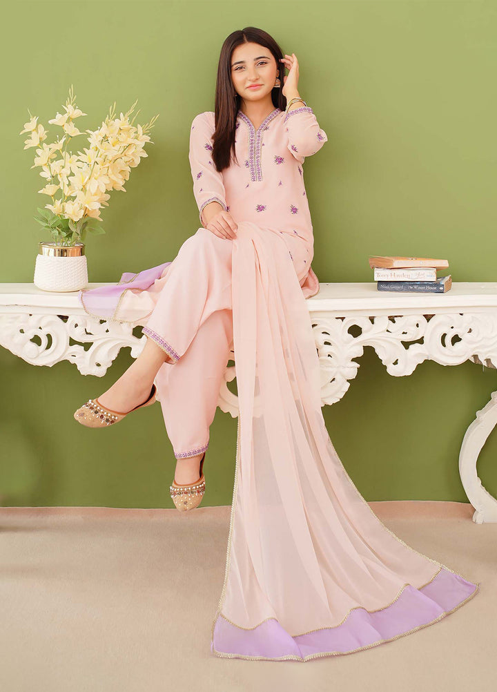 Modest Girls Pret Embroidered 3 Piece Chiffon Peach Suit D-15 - Festive Collection