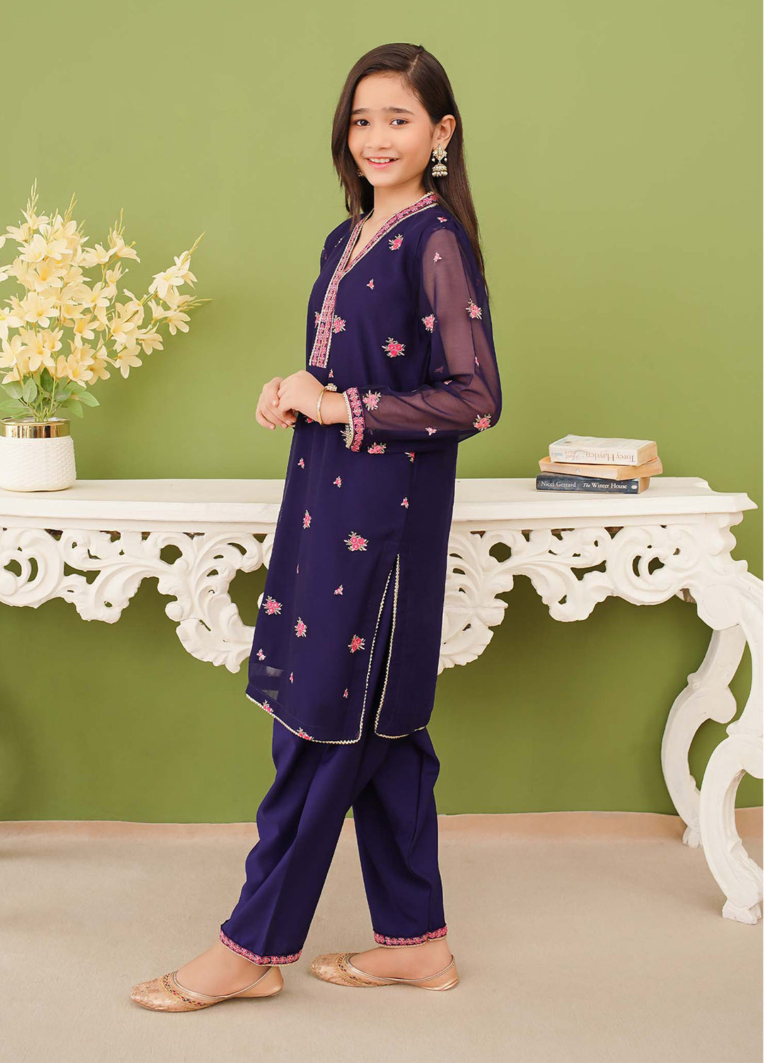 Modest Girls Pret Embroidered 3 Piece Chiffon Blue Suit D-05 - Festive Collection