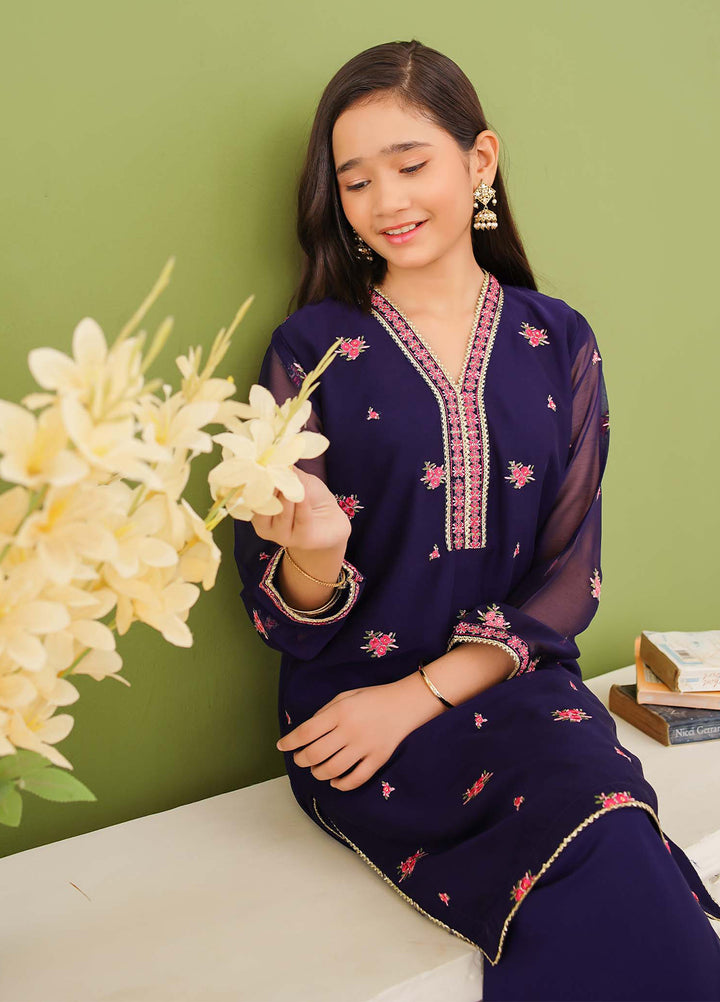 Modest Girls Pret Embroidered 3 Piece Chiffon Blue Suit D-05 - Festive Collection