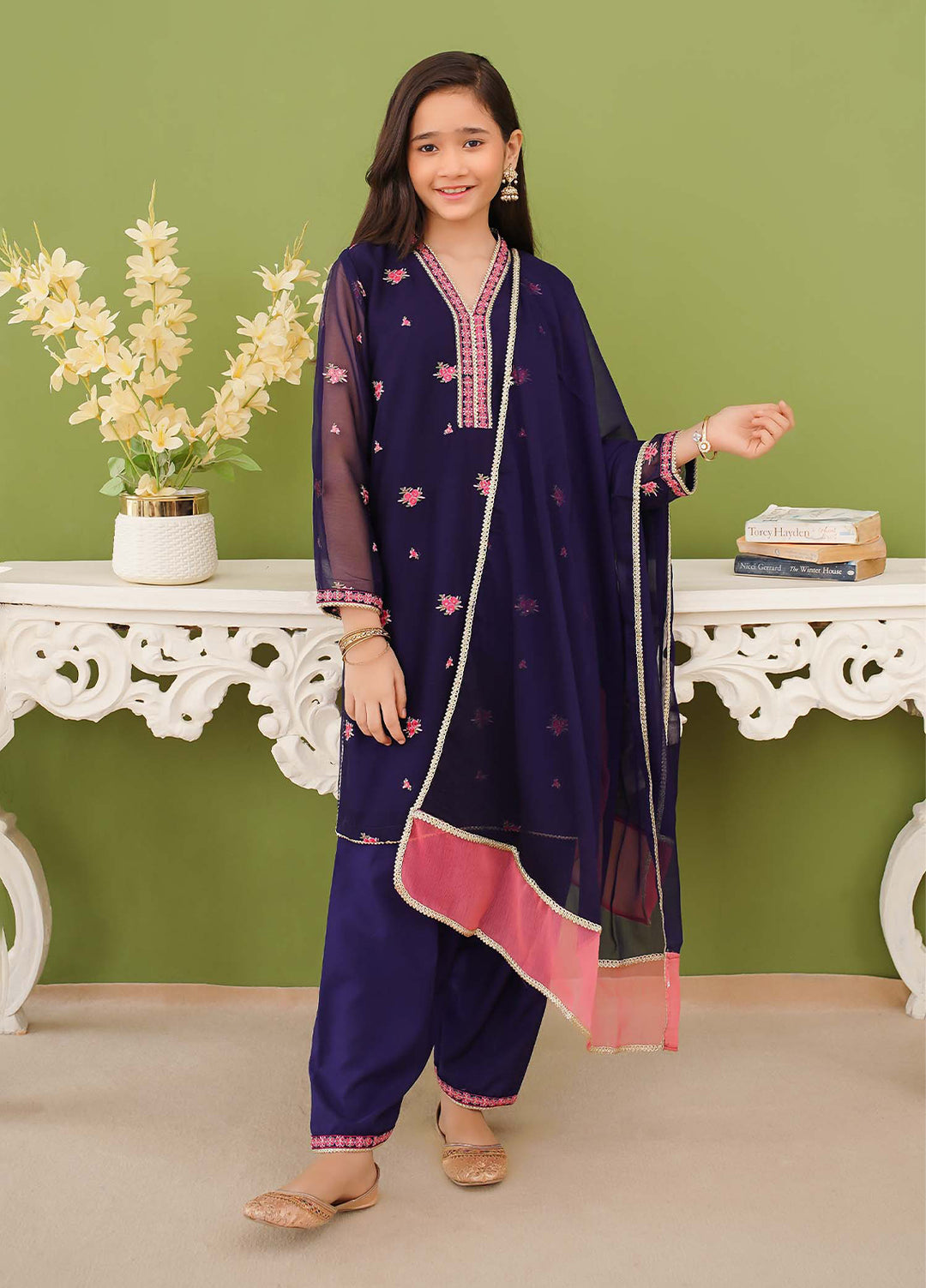 Modest Girls Pret Embroidered 3 Piece Chiffon Blue Suit D-05 - Festive Collection