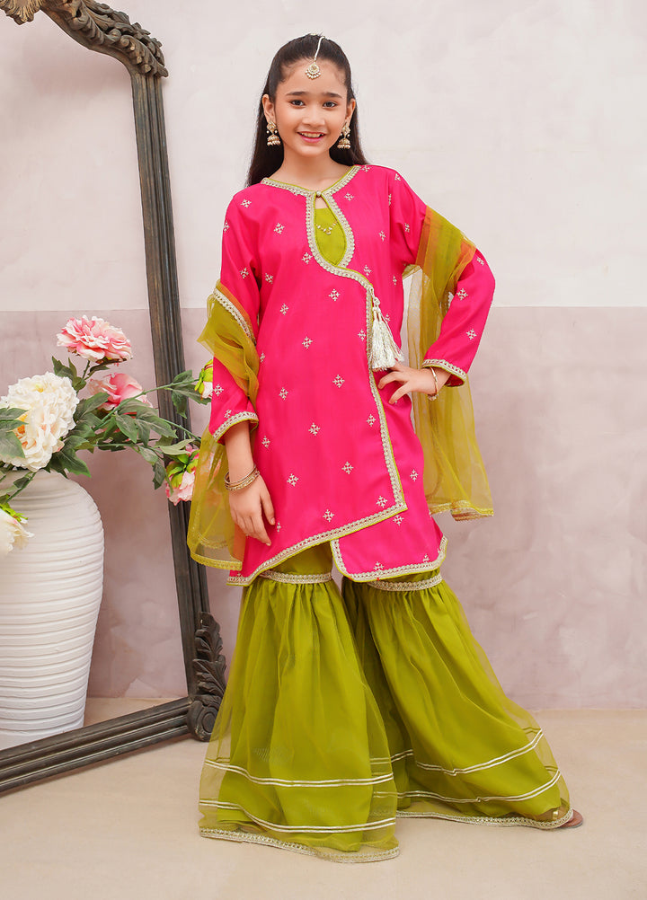 Modest Girls Pret Embroidered 3 Piece Raw Silk Pink Gharara D-04 - Festive Collection