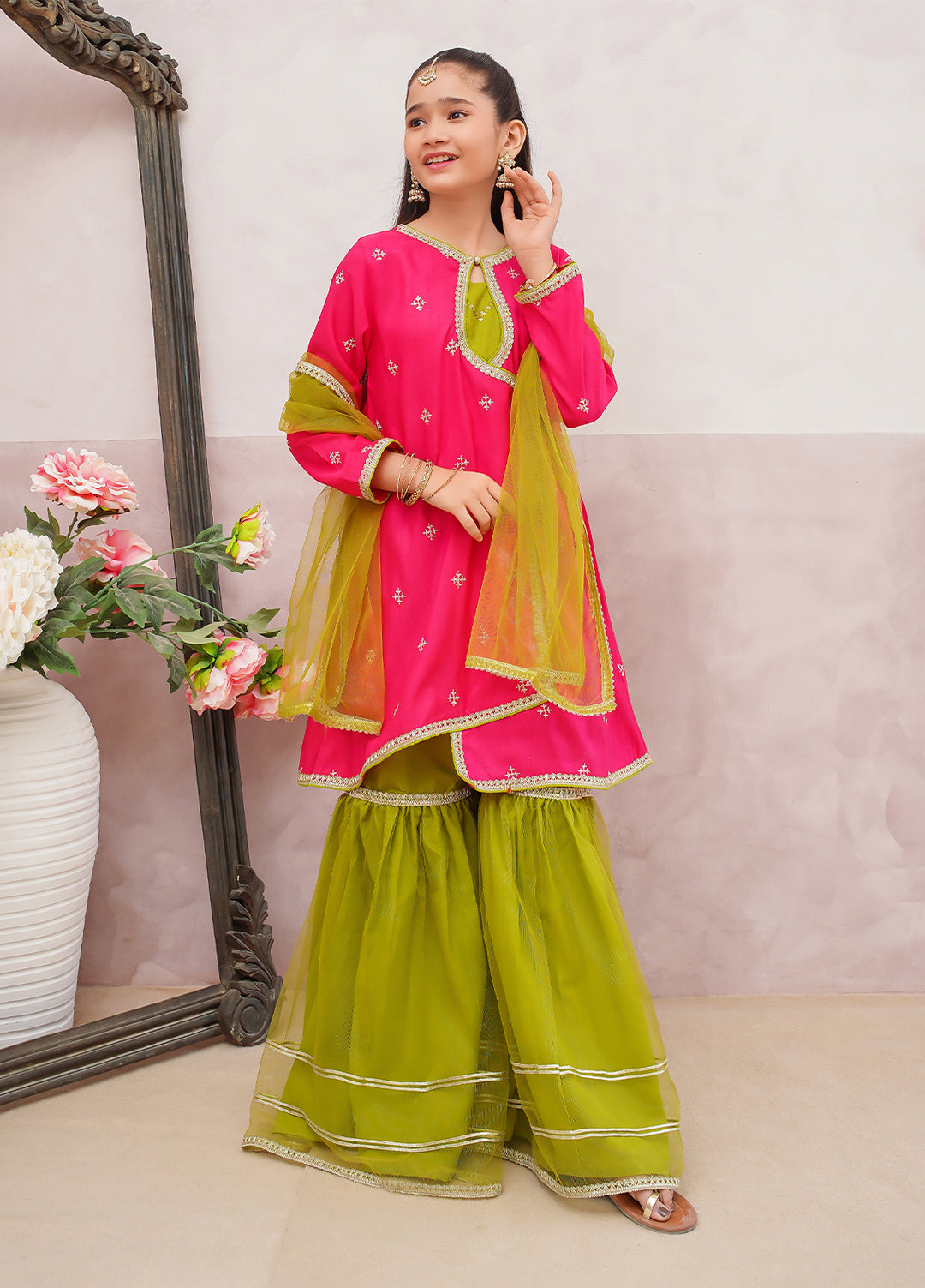 Modest Girls Pret Embroidered 3 Piece Raw Silk Pink Gharara D-04 - Festive Collection