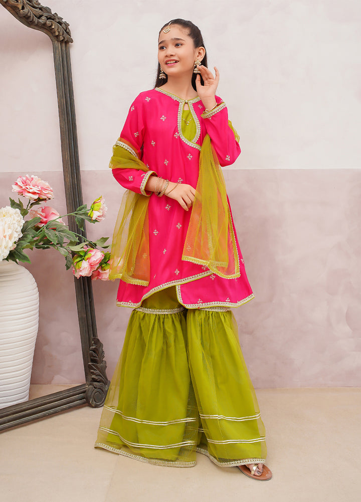 Modest Girls Pret Embroidered 3 Piece Raw Silk Pink Gharara D-04 - Festive Collection