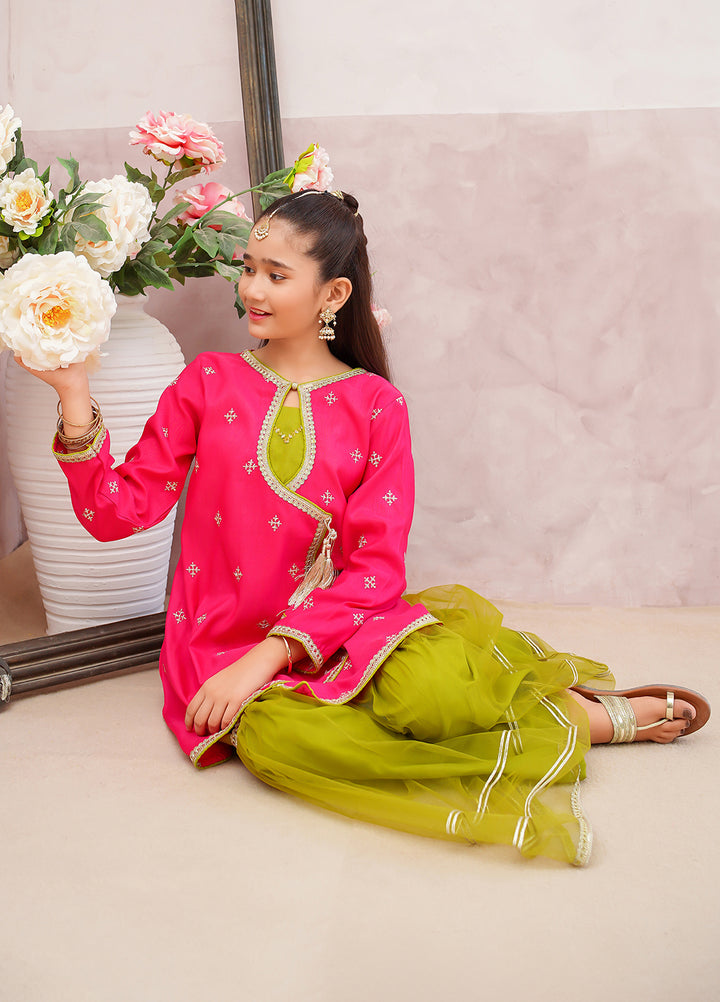 Modest Girls Pret Embroidered 3 Piece Raw Silk Pink Gharara D-04 - Festive Collection