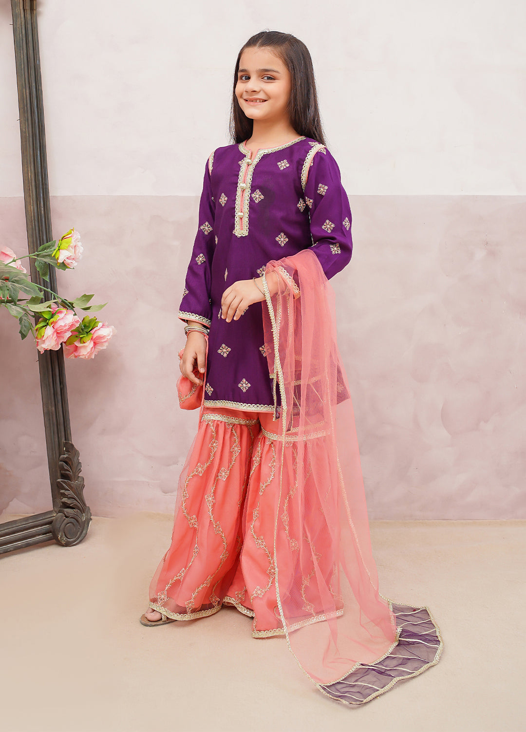 Modest Girls Pret Embroidered 3 Piece Raw Silk Purple Gharara D-03 - Festive Collection