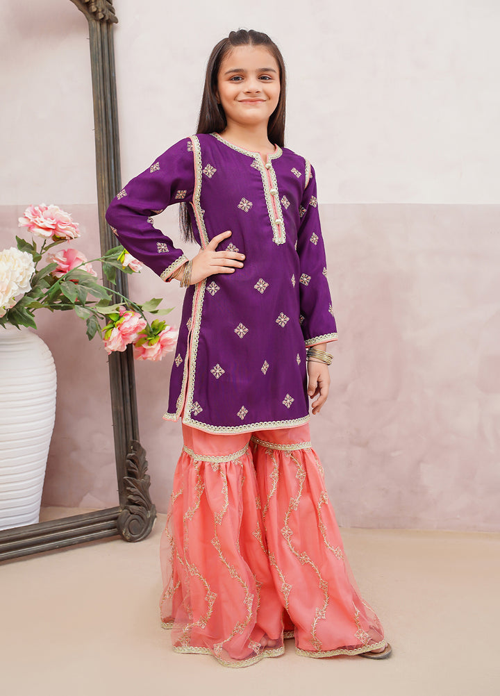 Modest Girls Pret Embroidered 3 Piece Raw Silk Purple Gharara D-03 - Festive Collection
