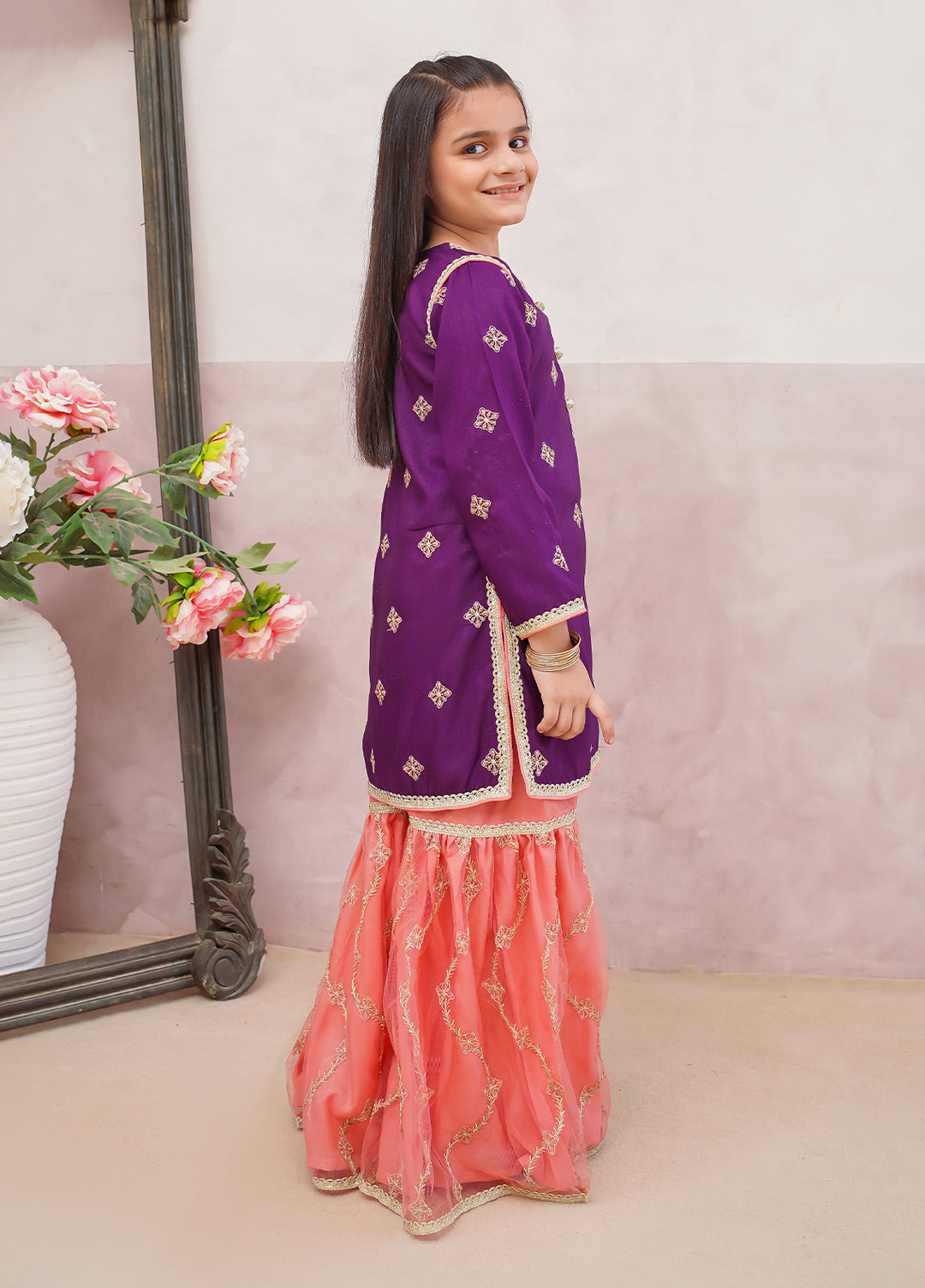 Modest Girls Pret Embroidered 3 Piece Raw Silk Purple Gharara D-03 - Festive Collection