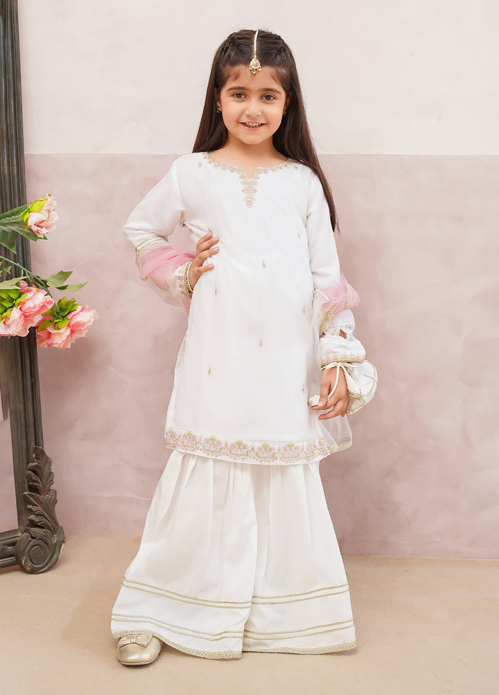 Modest Girls Pret Embroidered 3 Piece Chiffon White Gharara D-11 - Festive Collection
