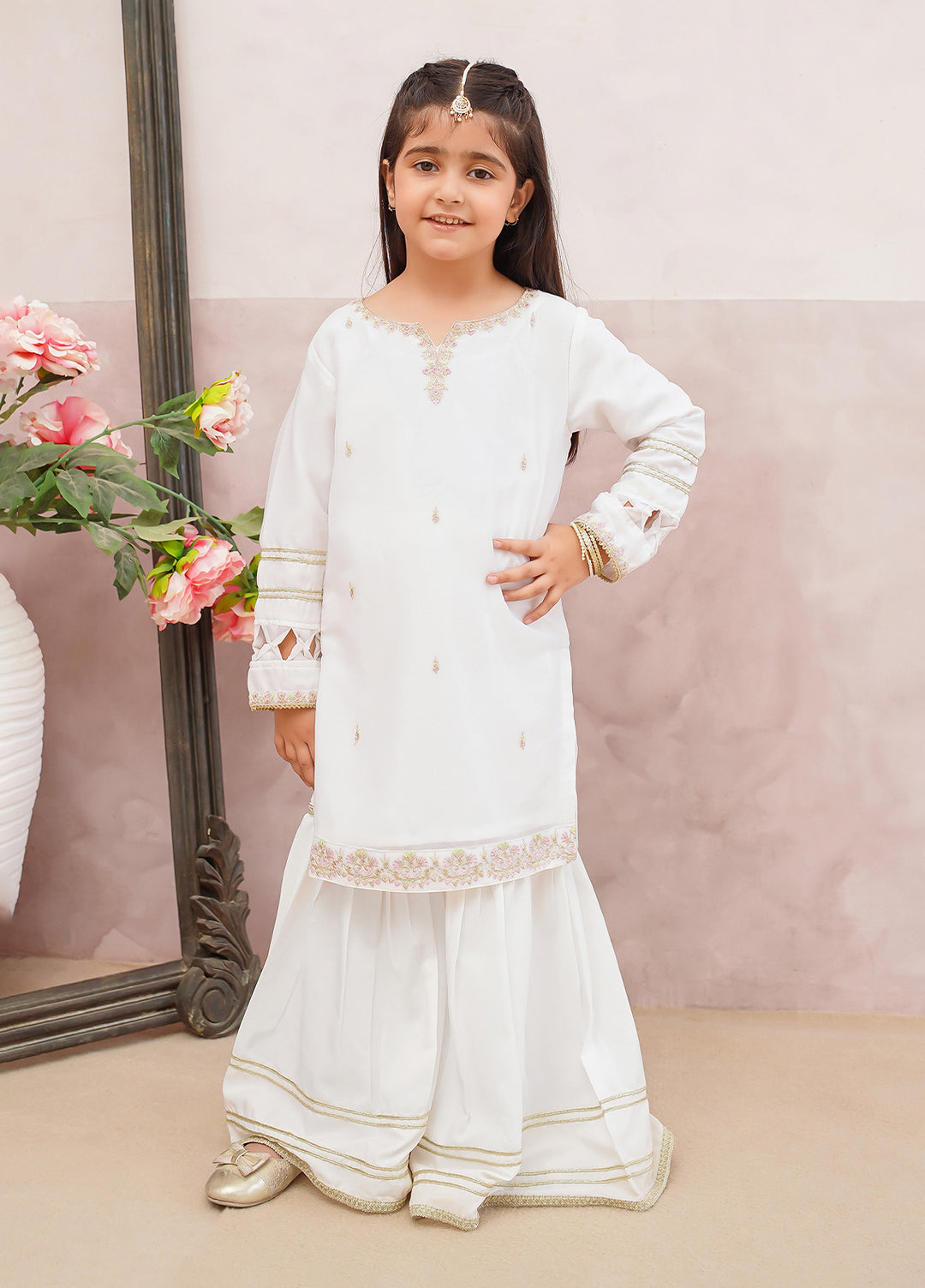 Modest Girls Pret Embroidered 3 Piece Chiffon White Gharara D-11 - Festive Collection