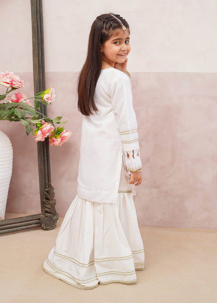 Modest Girls Pret Embroidered 3 Piece Chiffon White Gharara D-11 - Festive Collection