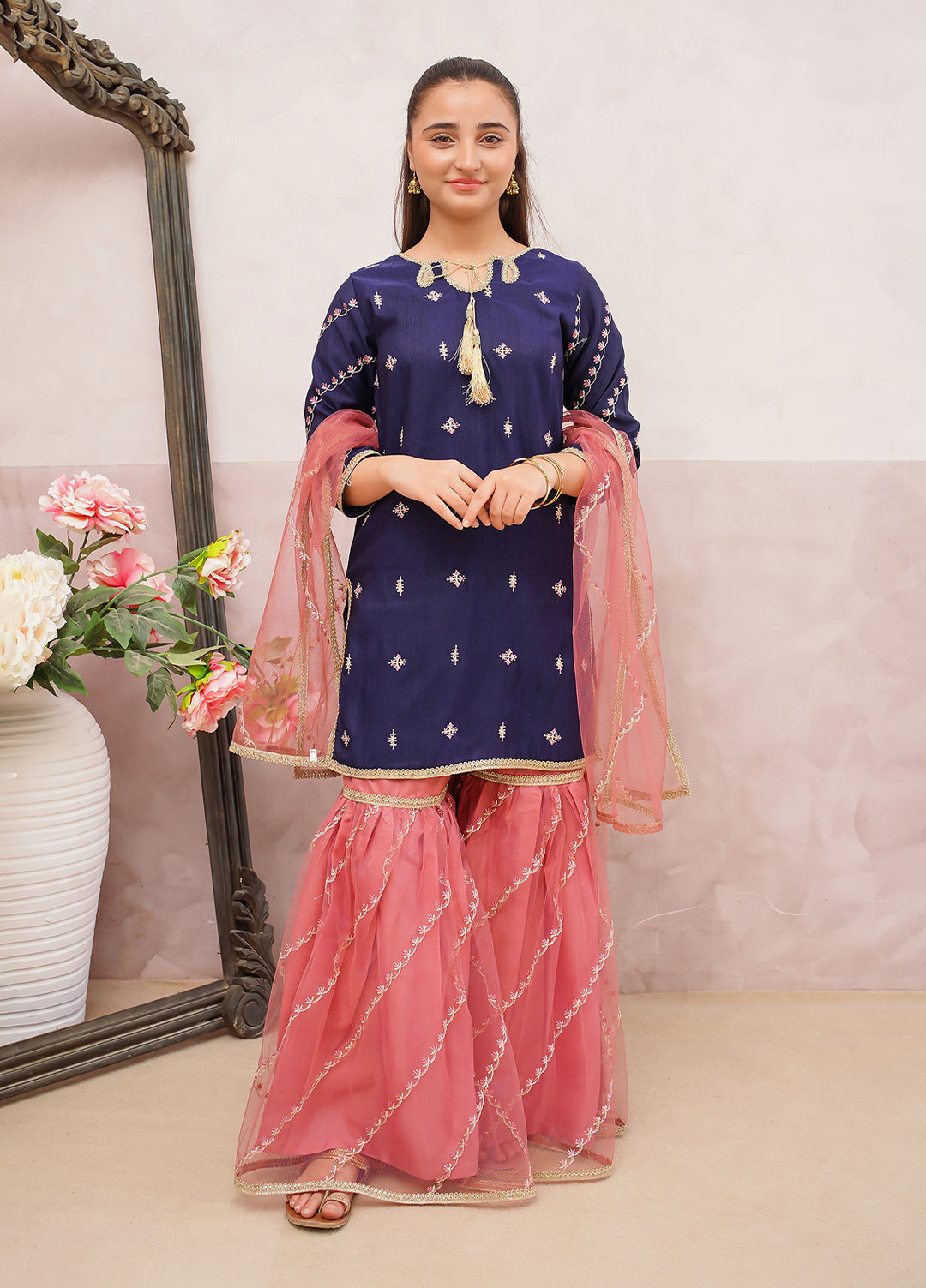 Modest Girls Pret Embroidered 3 Piece Raw Silk Blue Gharara D-12 - Festive Collection