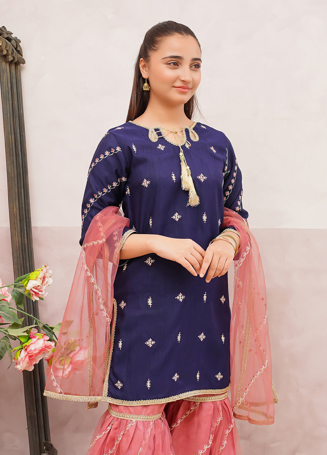 Modest Girls Pret Embroidered 3 Piece Raw Silk Blue Gharara D-12 - Festive Collection
