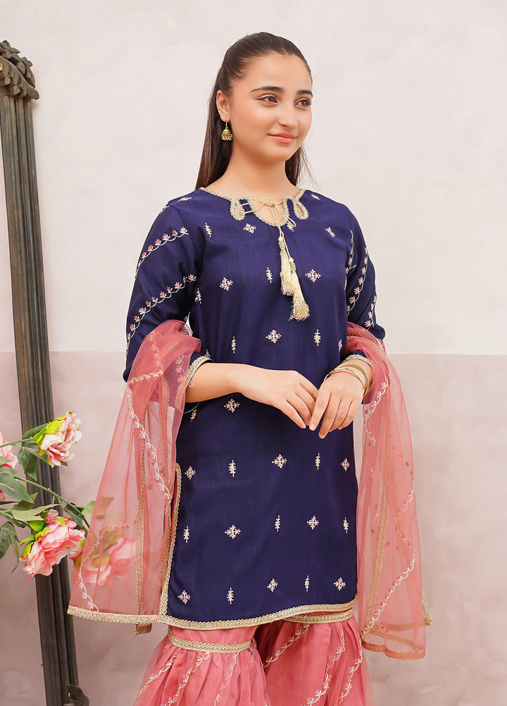 Modest Girls Pret Embroidered 3 Piece Raw Silk Blue Gharara D-12 - Festive Collection
