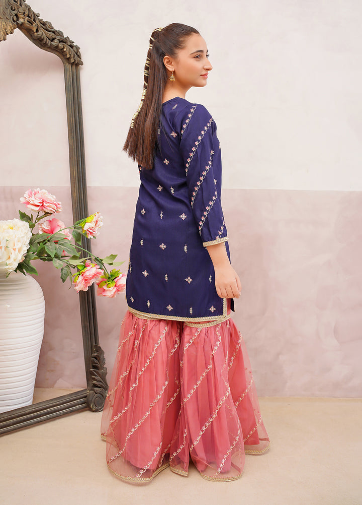 Modest Girls Pret Embroidered 3 Piece Raw Silk Blue Gharara D-12 - Festive Collection