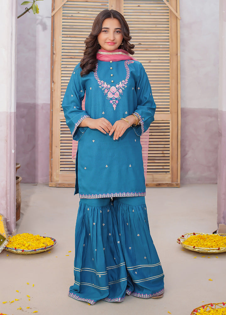 Modest Girls Pret Embroidered 3 Piece Raw Silk Blue Gharara D-20 - Festive Collection