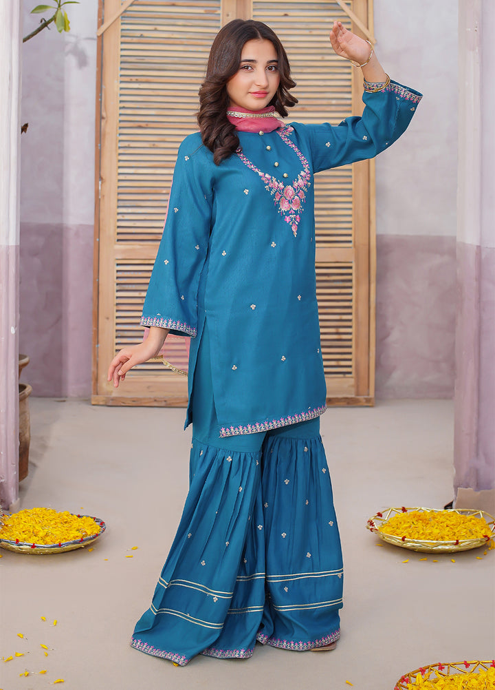 Modest Girls Pret Embroidered 3 Piece Raw Silk Blue Gharara D-20 - Festive Collection