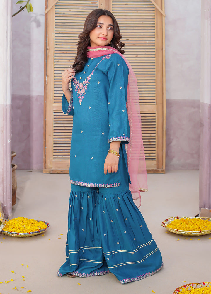 Modest Girls Pret Embroidered 3 Piece Raw Silk Blue Gharara D-20 - Festive Collection