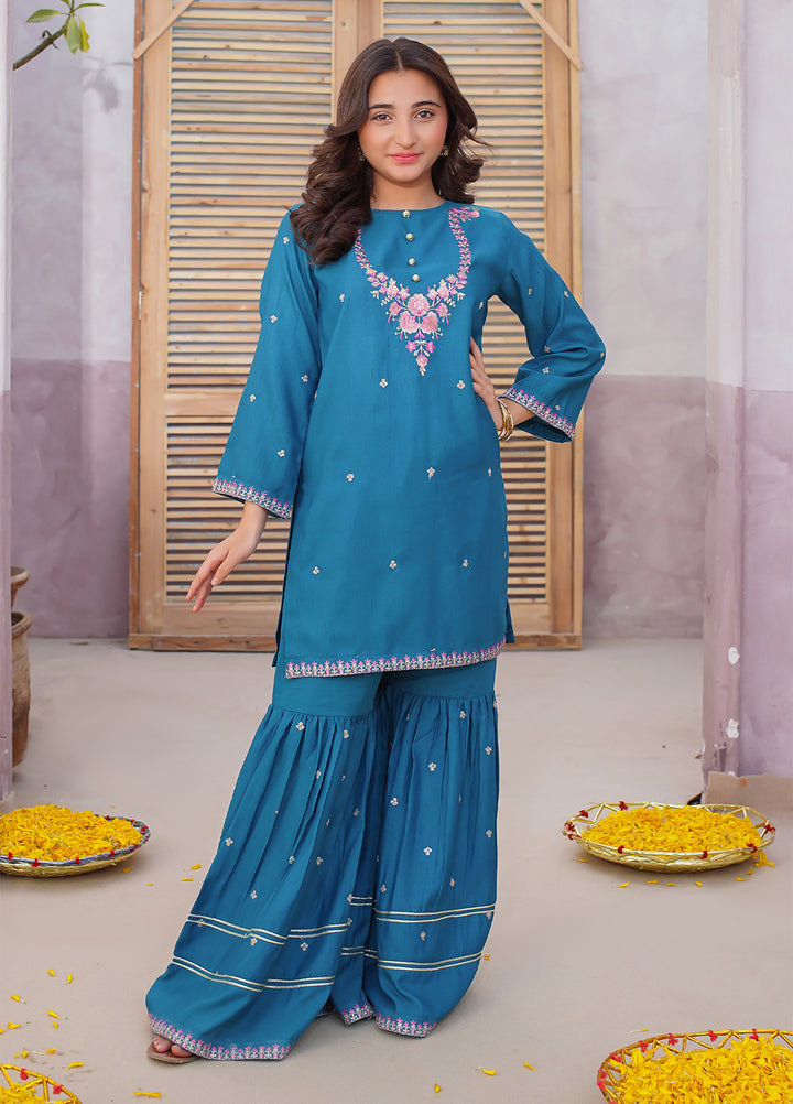 Modest Girls Pret Embroidered 3 Piece Raw Silk Blue Gharara D-20 - Festive Collection