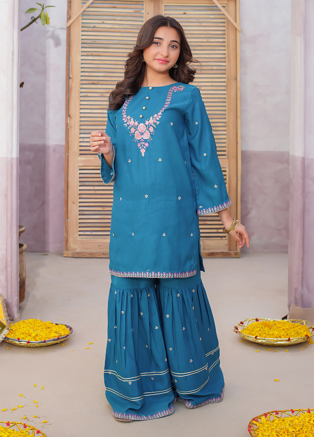 Modest Girls Pret Embroidered 3 Piece Raw Silk Blue Gharara D-20 - Festive Collection