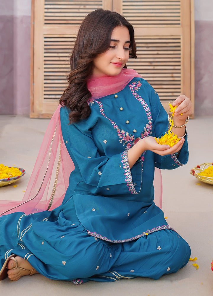 Modest Girls Pret Embroidered 3 Piece Raw Silk Blue Gharara D-20 - Festive Collection