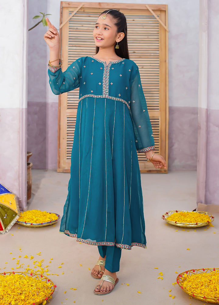 Modest Girls Pret Embroidered 3 Piece Chiffon Green Suit D-21 - Festive Collection