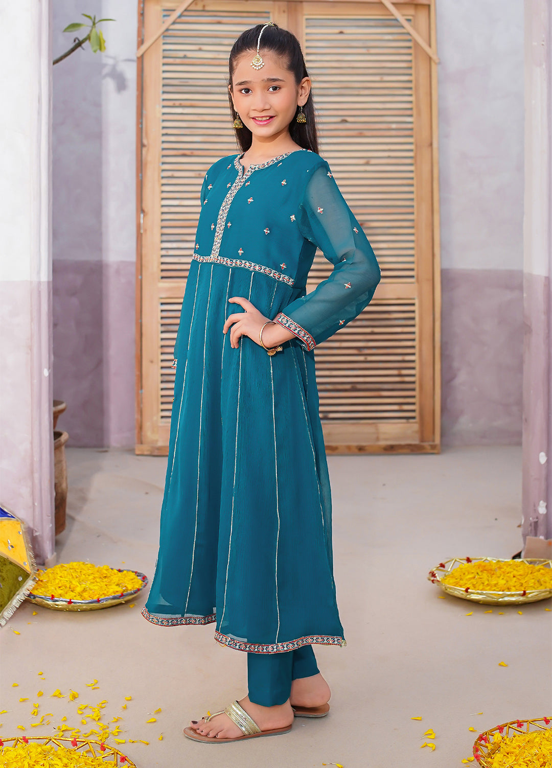 Modest Girls Pret Embroidered 3 Piece Chiffon Green Suit D-21 - Festive Collection