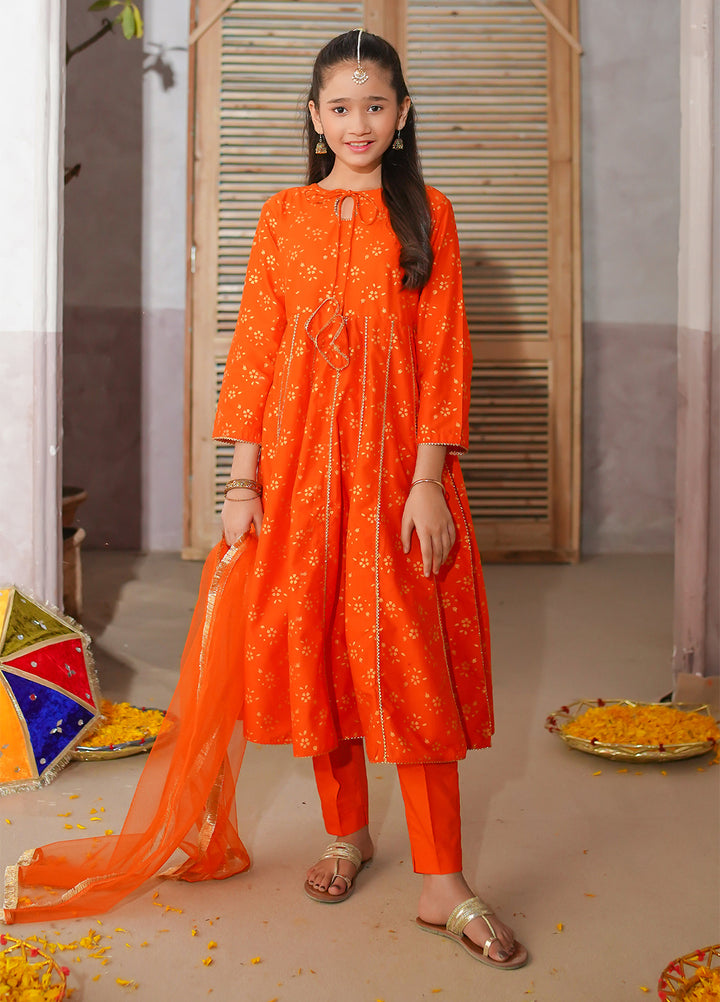 Modest Girls Pret Printed 3 Piece Cotton Orange Suit D-16 - Festive Collection