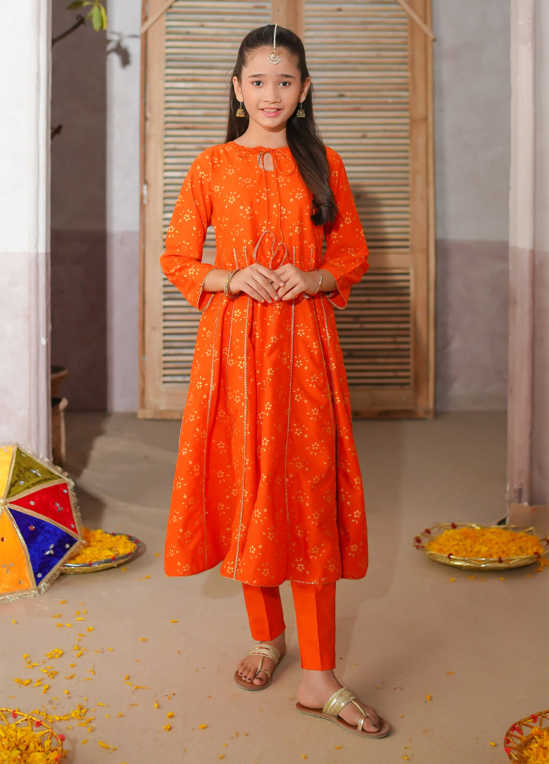 Modest Girls Pret Printed 3 Piece Cotton Orange Suit D-16 - Festive Collection