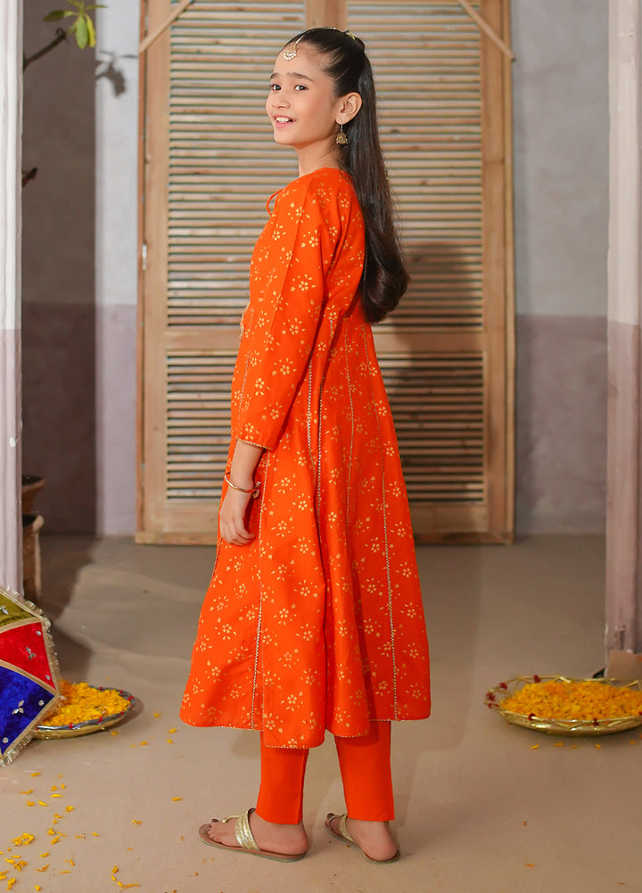 Modest Girls Pret Printed 3 Piece Cotton Orange Suit D-16 - Festive Collection