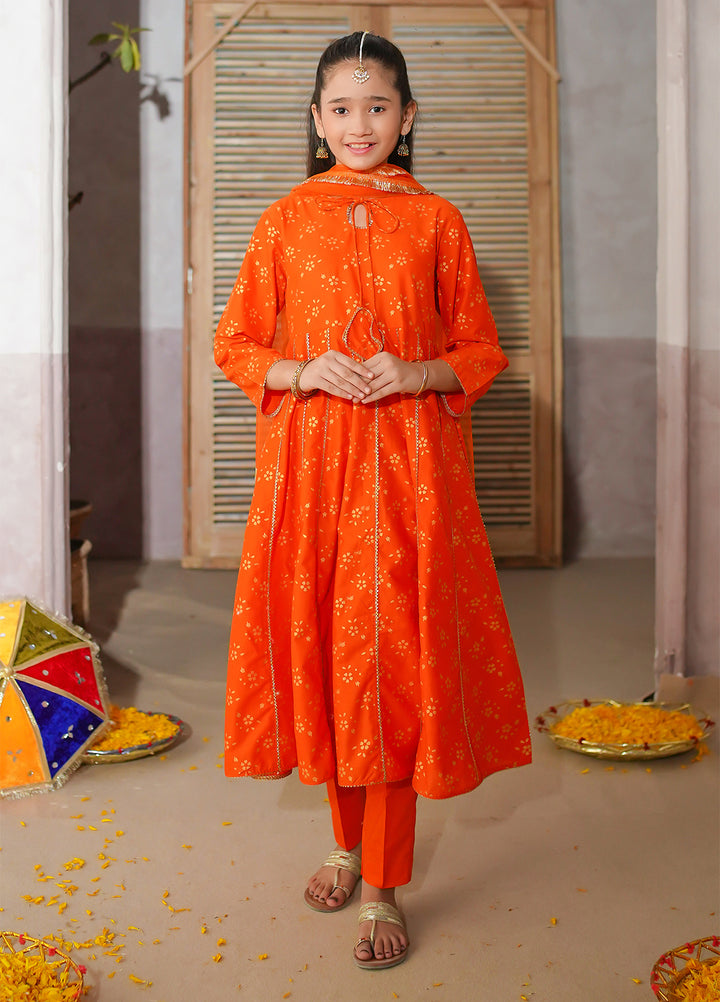 Modest Girls Pret Printed 3 Piece Cotton Orange Suit D-16 - Festive Collection