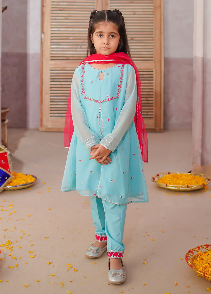 Modest Girls Pret Embroidered 3 Piece Raw Silk Blue Gharara D-09 - Festive Collection