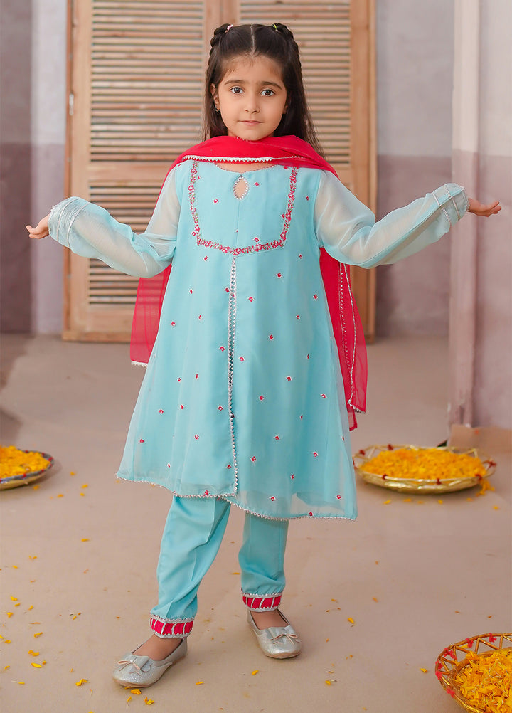 Modest Girls Pret Embroidered 3 Piece Raw Silk Blue Gharara D-09 - Festive Collection