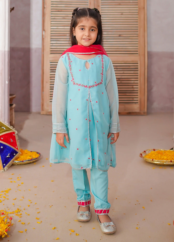 Modest Girls Pret Embroidered 3 Piece Raw Silk Blue Gharara D-09 - Festive Collection