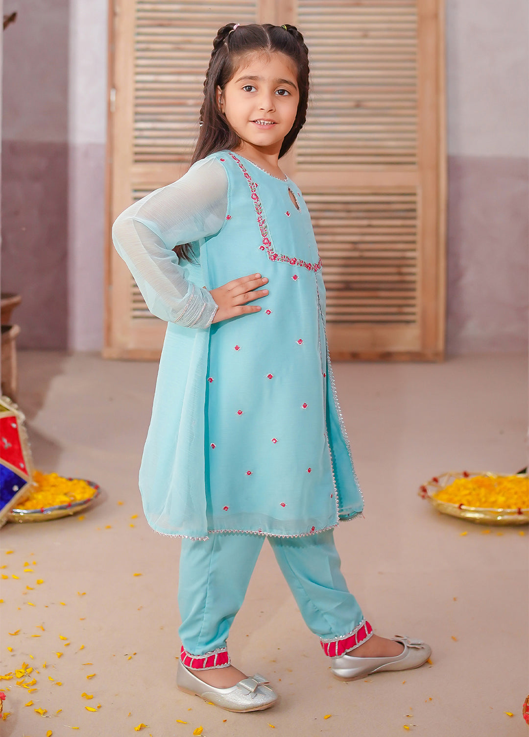 Modest Girls Pret Embroidered 3 Piece Raw Silk Blue Gharara D-09 - Festive Collection