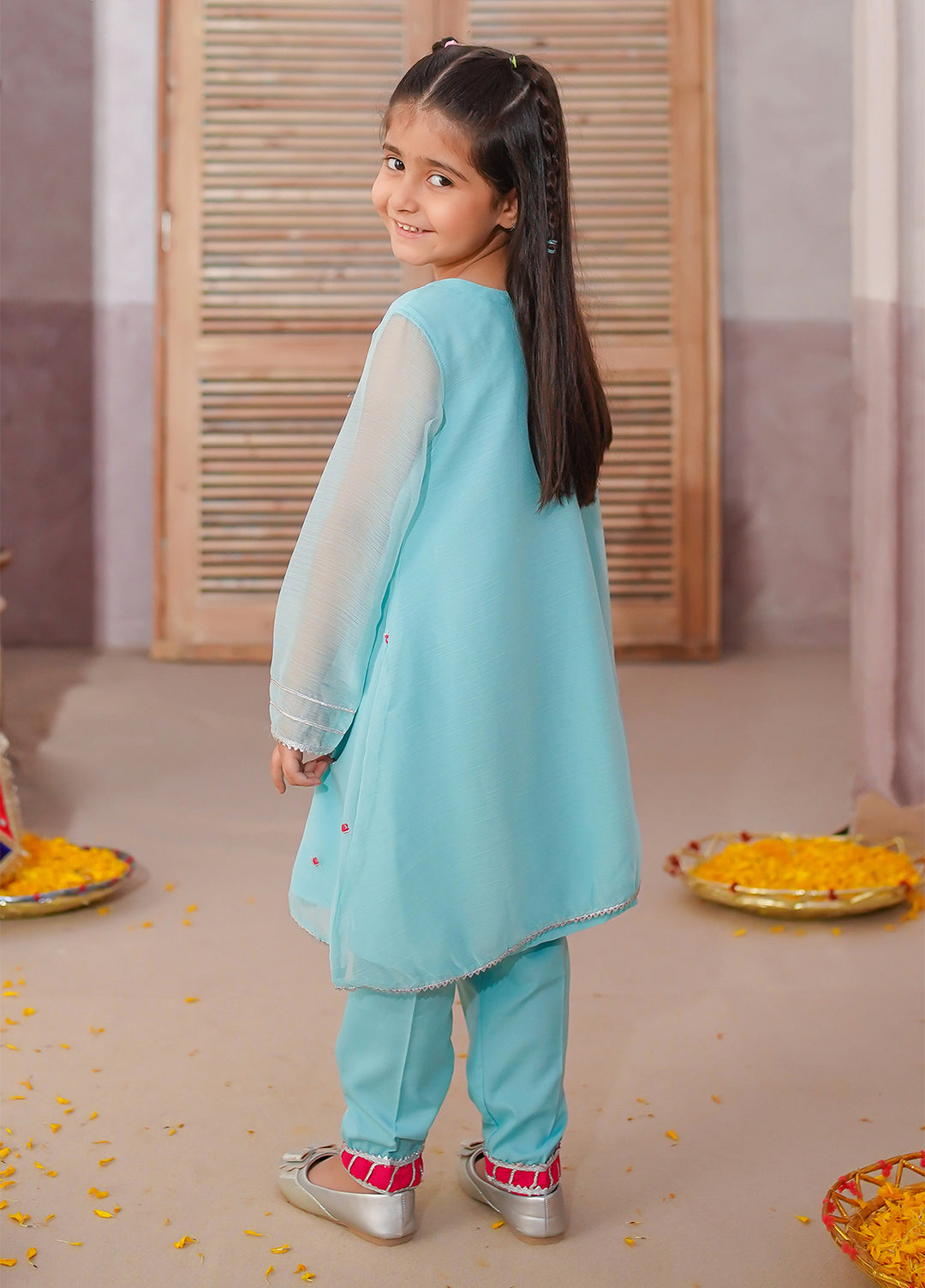 Modest Girls Pret Embroidered 3 Piece Raw Silk Blue Gharara D-09 - Festive Collection