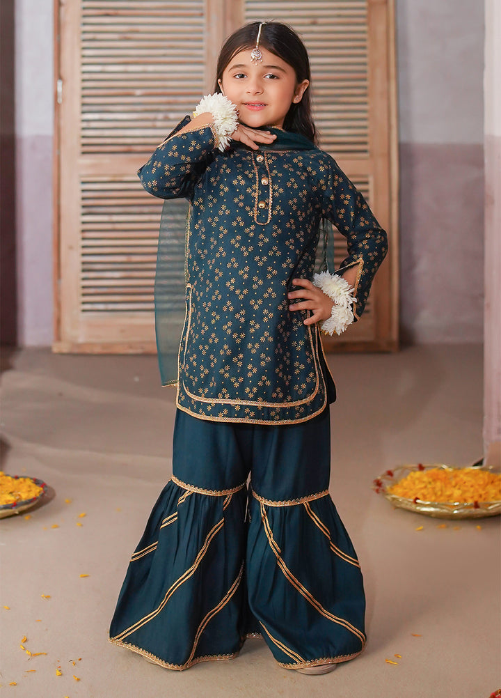Modest Girls Pret Printed 3 Piece Raw Silk Green Gharara D-19 - Festive Collection
