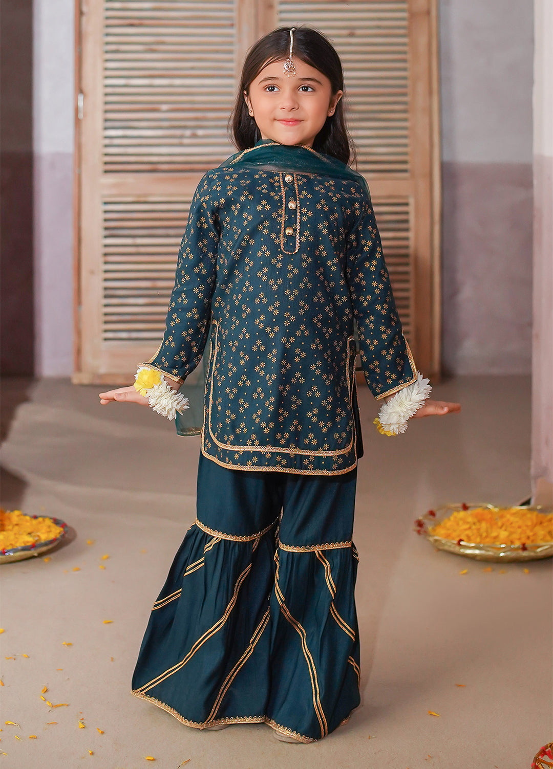 Modest Girls Pret Printed 3 Piece Raw Silk Green Gharara D-19 - Festive Collection