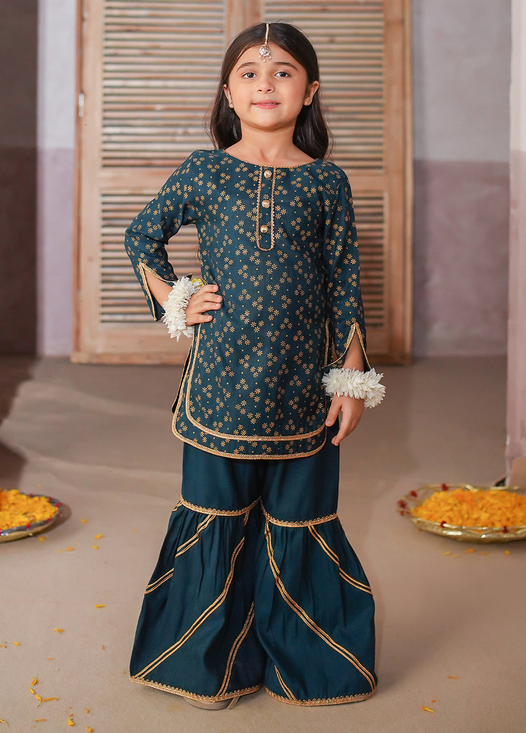 Modest Girls Pret Printed 3 Piece Raw Silk Green Gharara D-19 - Festive Collection