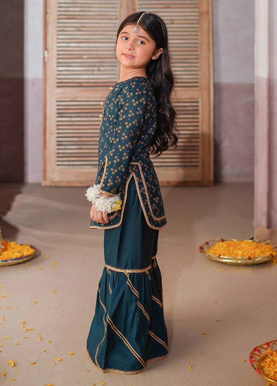 Modest Girls Pret Printed 3 Piece Raw Silk Green Gharara D-19 - Festive Collection