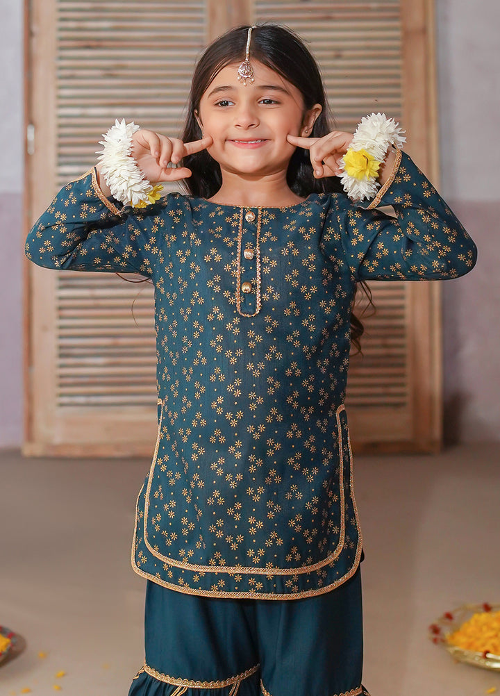 Modest Girls Pret Printed 3 Piece Raw Silk Green Gharara D-19 - Festive Collection