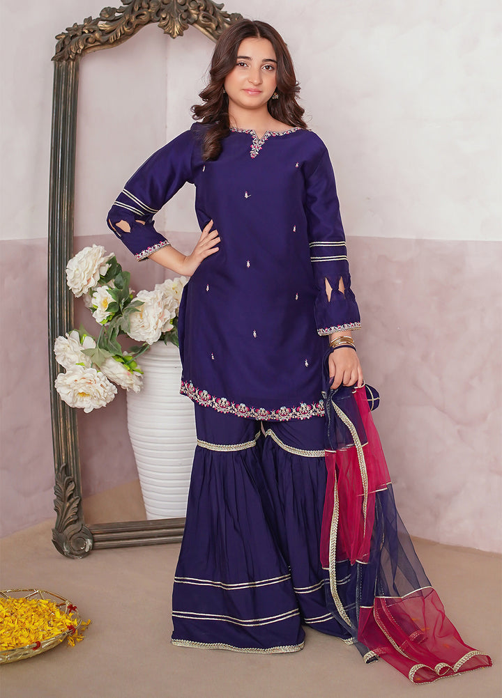 Modest Girls Pret Embroidered 3 Piece Chiffon Blue Gharara D-10 - Festive Collection