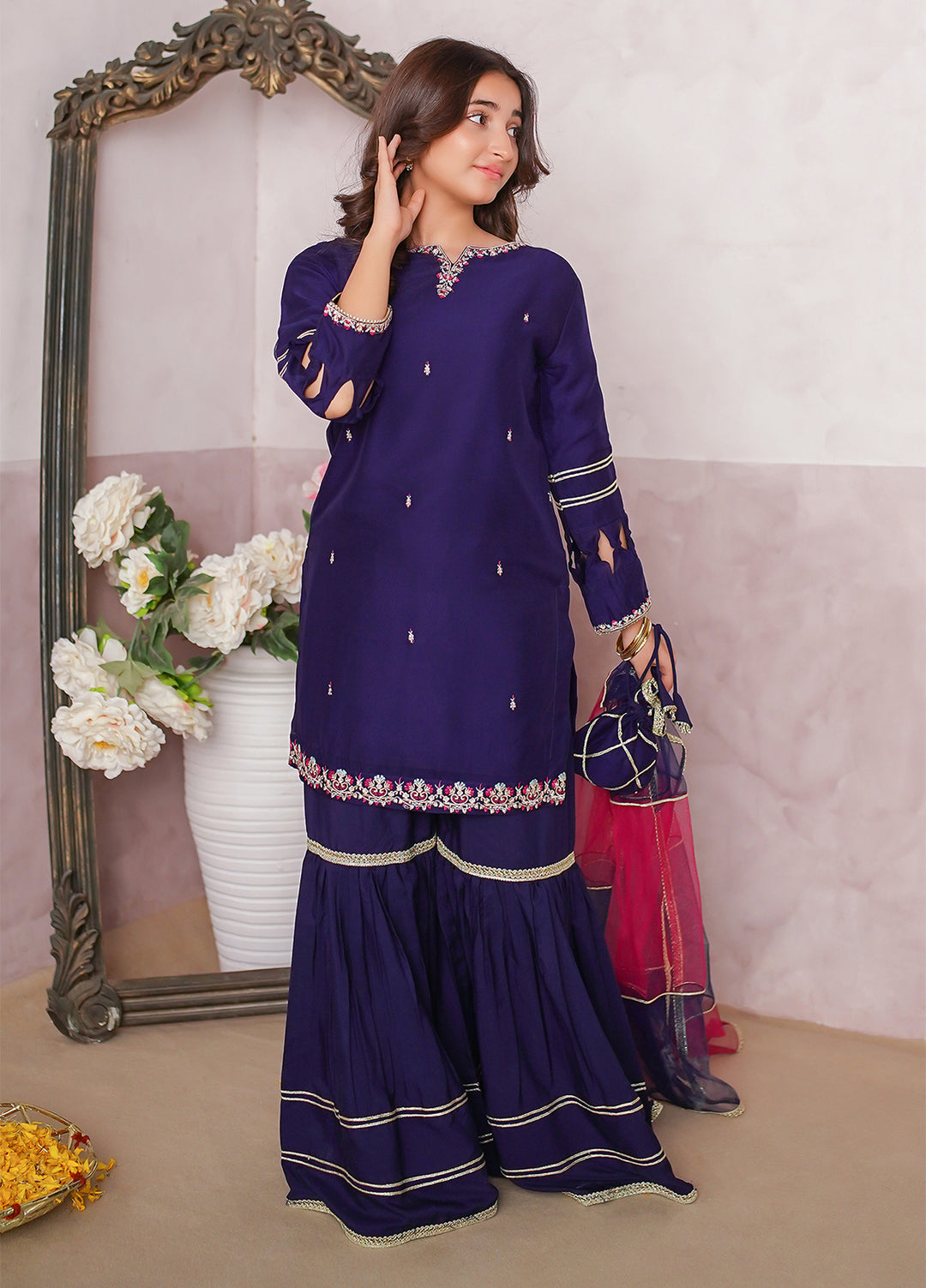 Modest Girls Pret Embroidered 3 Piece Chiffon Blue Gharara D-10 - Festive Collection