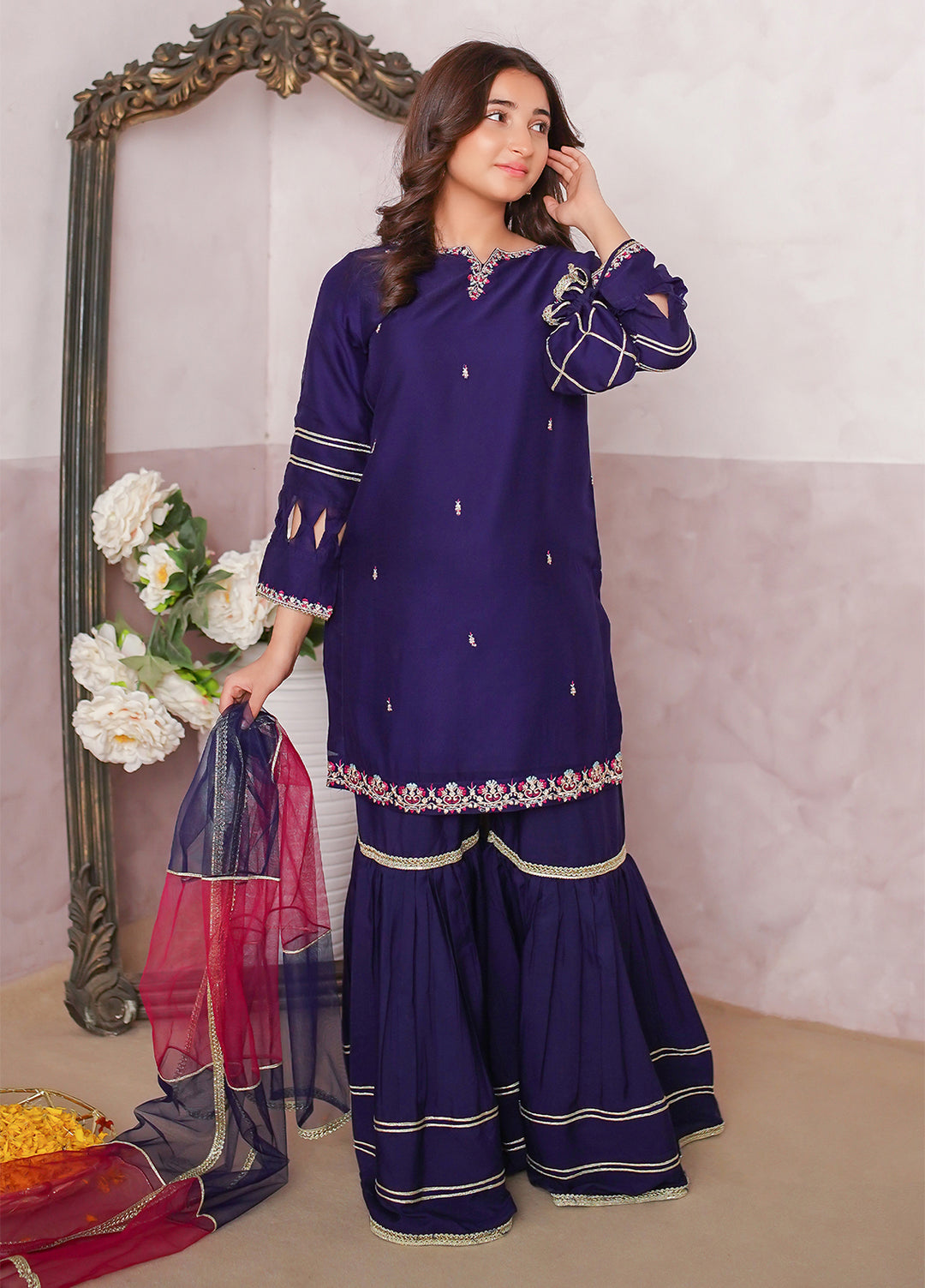 Modest Girls Pret Embroidered 3 Piece Chiffon Blue Gharara D-10 - Festive Collection