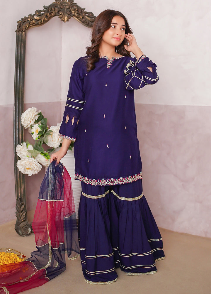 Modest Girls Pret Embroidered 3 Piece Chiffon Blue Gharara D-10 - Festive Collection