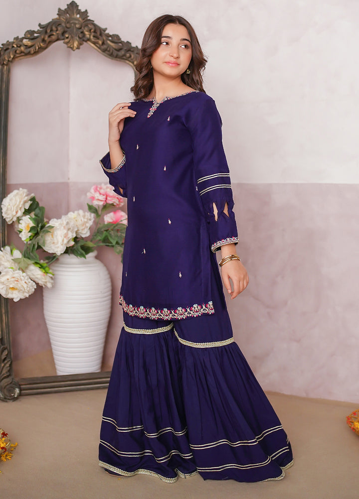 Modest Girls Pret Embroidered 3 Piece Chiffon Blue Gharara D-10 - Festive Collection