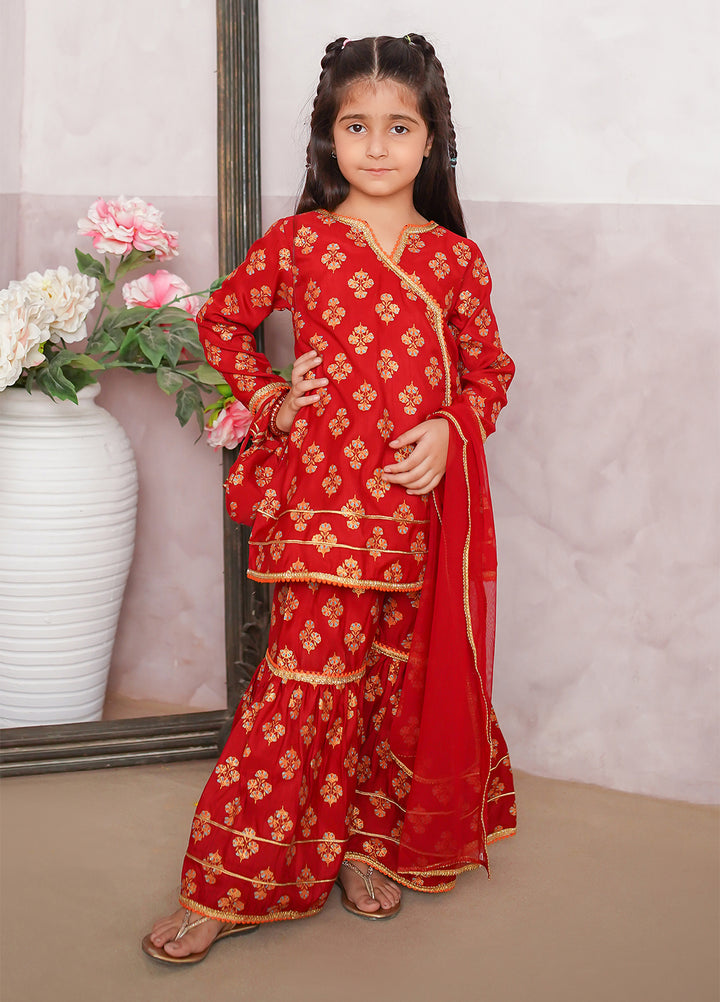 Modest Girls Pret Printed 3 Piece Raw Silk Red Gharara D-13 - Festive Collection