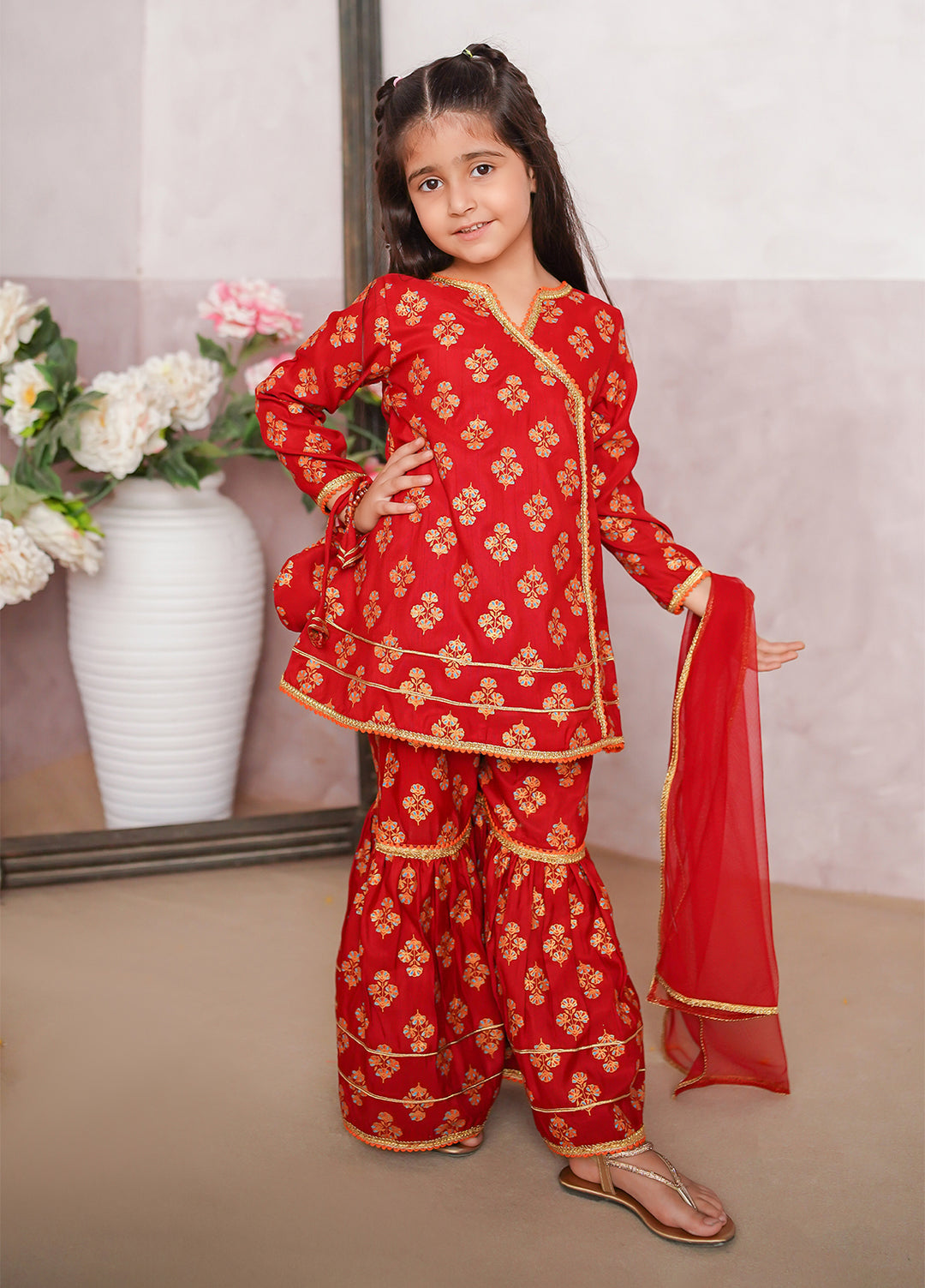 Modest Girls Pret Printed 3 Piece Raw Silk Red Gharara D-13 - Festive Collection